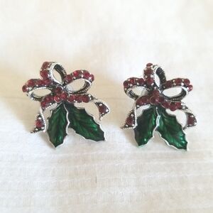Silver Christmas Holly Bow Rhinestone Earrings